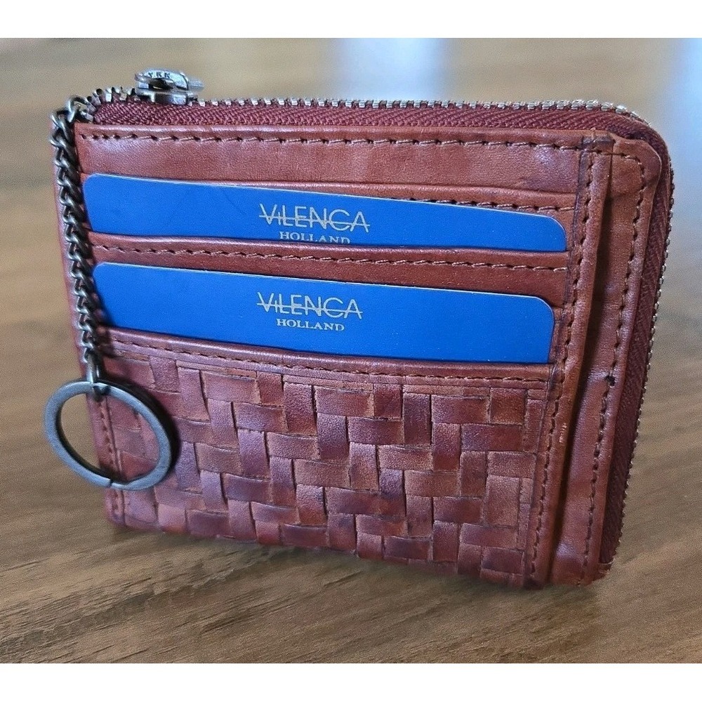 Vilenca Holland Basket Weave Zip Leather Card Coin Case Wallet Keychain NEW